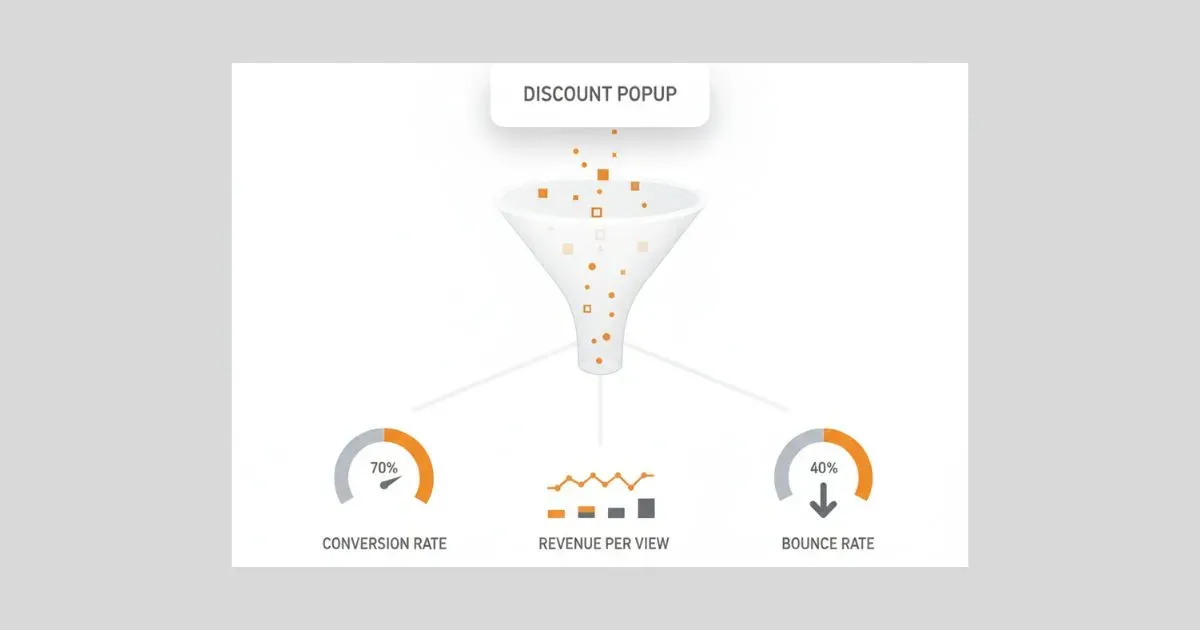 Minimal SaaS-style blog illustration of a discount popup feeding data into a visual funnel, flowing toward key metrics including conversion rate, revenue per view, and bounce rate, with brand color #e18b22 highlighting important elements.